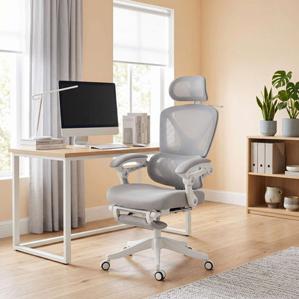 Ergonomic Office Chair with Footrest and Rocking Function, Light Grey, Mesh