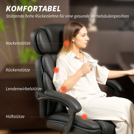 Ergonomisks biroja krēsls ar jostasvietas atbalstu, melna PU āda