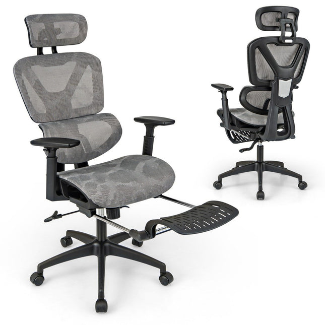Ergonomisks biroja krēsls ar ievelkamu kāju balstu un regulējamu galvas balstu, datorkrēsls