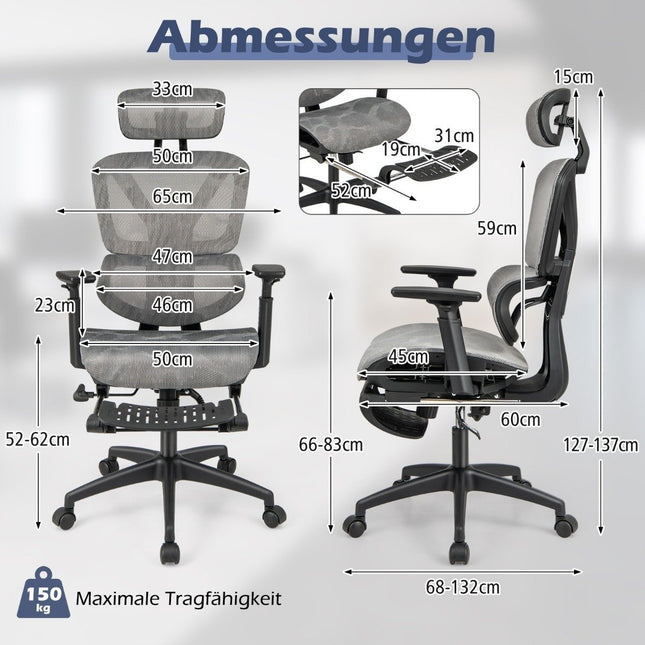 Ergonomisks biroja krēsls ar ievelkamu kāju balstu un regulējamu galvas balstu, datorkrēsls