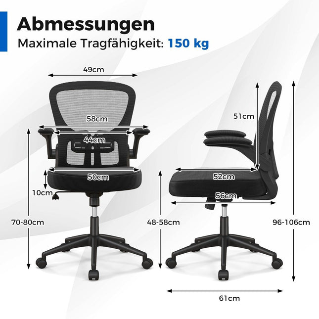 Ergonomisks biroja krēsls ar nolokāmiem roku balstiem, regulējamu jostasvietas atbalstu un šūpošanās funkciju