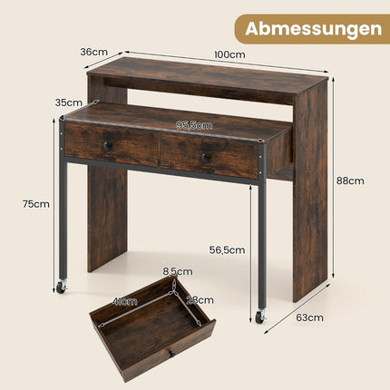Izvelkams rakstāmgalds ar 2 atvilktnēm un riteņiem, 100x63x88 cm, brūns