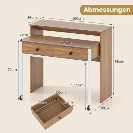 Izvelkams rakstāmgalds ar 2 atvilktnēm un riteņiem, 100x63x88 cm