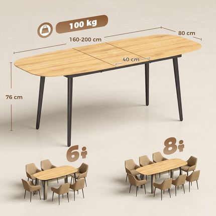 Extendable Dining Table 160–200 cm for 6–8 People, Oak Look, Black Legs