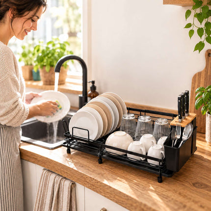 Extendable Dish Drainer 49 to 73 cm with Cutlery Basket, Black, Drip Tray