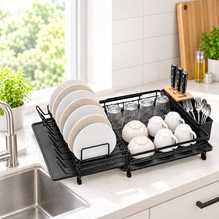Extendable Dish Drainer 49 to 73 cm with Cutlery Basket, Black, Drip Tray