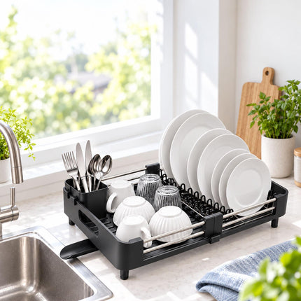 Extendable Stainless Steel Dish Rack 32 to 48 cm, Black, Drip Tray
