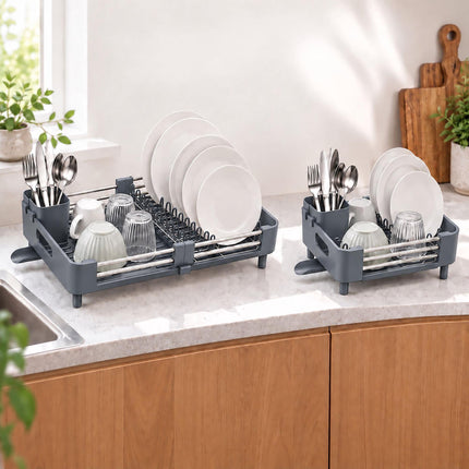 Extendable Stainless Steel Dish Rack 32 to 48 cm, Grey, Drip Tray
