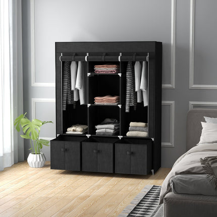Black fabric wardrobe with rails and drawers