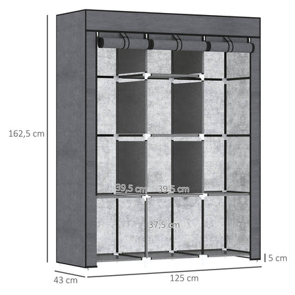 Auduma skapis, skapis ar drēbju stieņiem, 8 līmeņi, saliekams skapis, saliekams skapis guļamistabai, priekšnamam, neausts audums, tumši pelēks, 125 x 43 x 162,5 cm