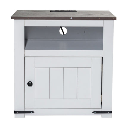 Farmhouse End Table With USB, Outlets, 3-Tier Cabinet