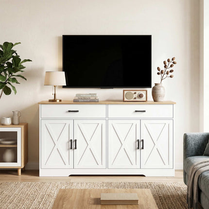 Lauku mājas kumode-bufete, 140 cm, 2 atvilktnes, balta