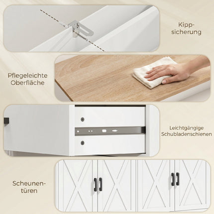 Lauku mājas kumode-bufete, 140 cm, 2 atvilktnes, balta