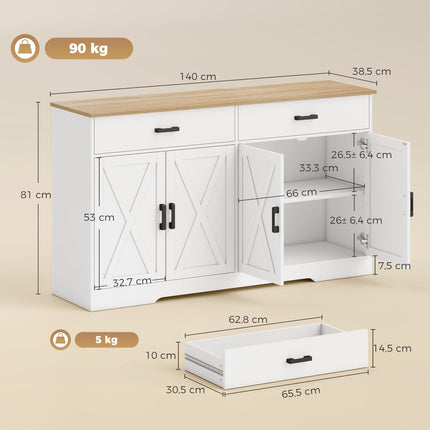 Lauku mājas kumode-bufete, 140 cm, 2 atvilktnes, balta