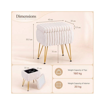 Faux Fur Ottoman 2-in-1 with Hidden Storage and Metal Legs, Beige & Gold