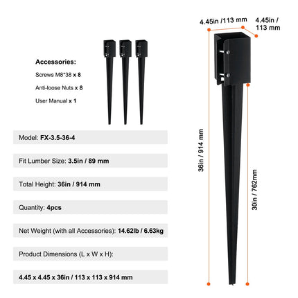 Fence Post Ground Spikes, 4-Pack, 36 In, Fits 3.5 In