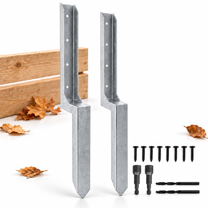 Fence Post Repair Kit with Ground Spike Anchors, 2-Piece Set, Silver