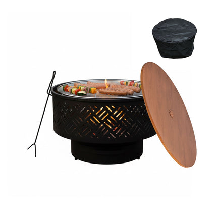 Ugunskura bļoda ar vāku un grilu - melna, dārzam