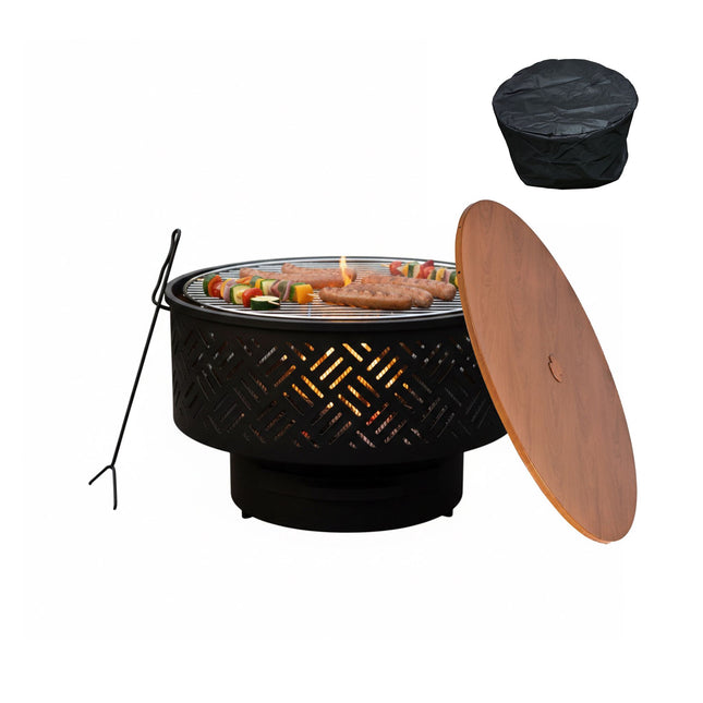 Ugunskura bļoda ar vāku un grilu - melna, dārzam
