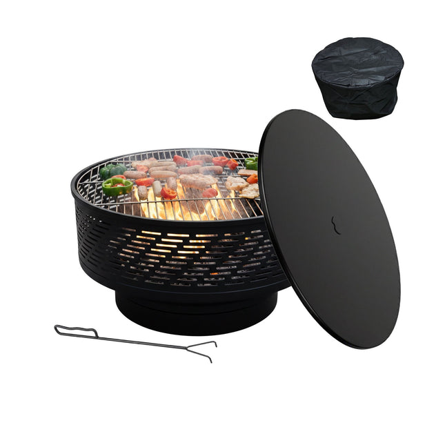 Ugunskura bļoda ar vāku un grilu - melna, nerūsējošā tērauda