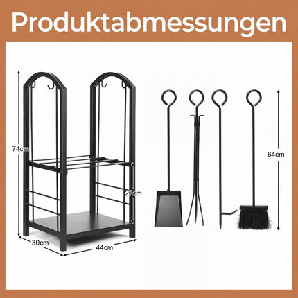 Kamīna malkas statīvs ar instrumentu komplektu – kaltas dzelzs, melns