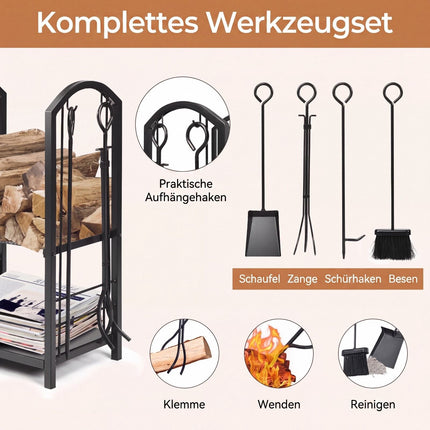 Kamīna malkas statīvs ar instrumentu komplektu – kaltas dzelzs, melns