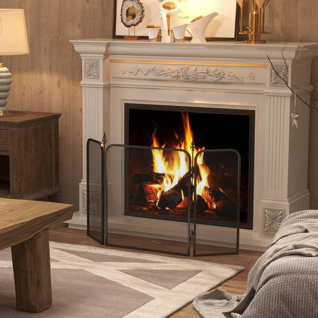 Kamīna ekrāns, salokāms kamīna ekrāns ar 3 paneļiem, dzirksteļu aizsargs viesistabai, guļamistabai, metāls, 96x56cm, melns