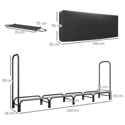 Firewood rack, 0.67 m³, with carrying bag & cover, metal frame, up to 200 kg, 240 x 36 x 99 cm, black
