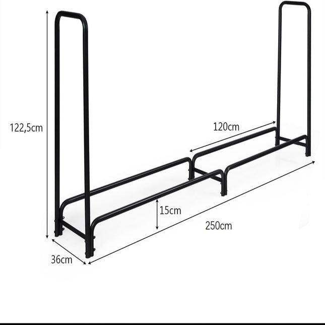 Malkas statīvs Metāla malkas statīvs ar rokturiem un pamatni 250 x 36 x 122,5 cm Melns