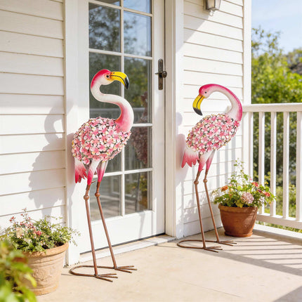 Flamingo dārza statuju komplekts, 2 gab., metāla putni ar enkuriem
