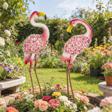 Flamingo dārza statuju komplekts, 2 gab., metāla putni ar enkuriem