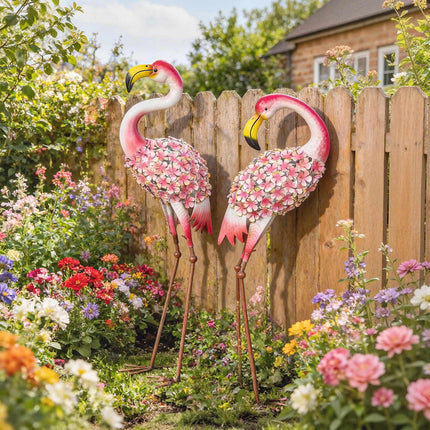 Flamingo dārza statuju komplekts, 2 gab., metāla putni ar enkuriem