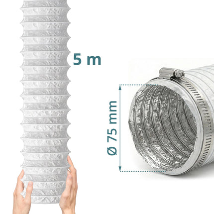 Elastīga balta ventilācijas šļūtene, 5 m - 75 mm diametrs