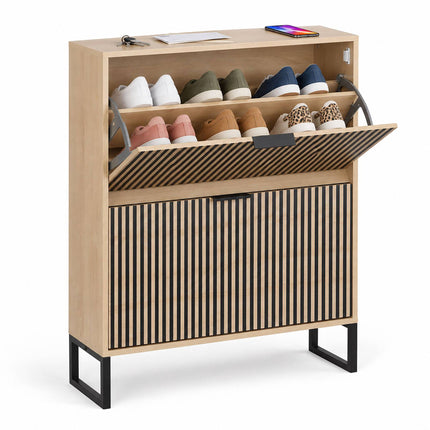 Flip-Down Shoe Cabinet with 2 Compartments, Striped Front, Natural, Black