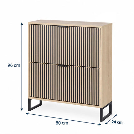 Flip-Down Shoe Cabinet with 2 Compartments, Striped Front, Natural, Black