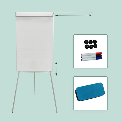 Balta tāfele ar flipchart 100x70 cm, magnētiska, regulējams augstums