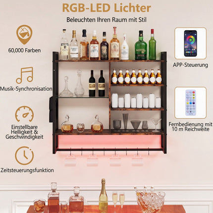Peldošs sienas plaukts ar RGB LED, 6 līmeņi, 8 āķi, 107x24x96 cm