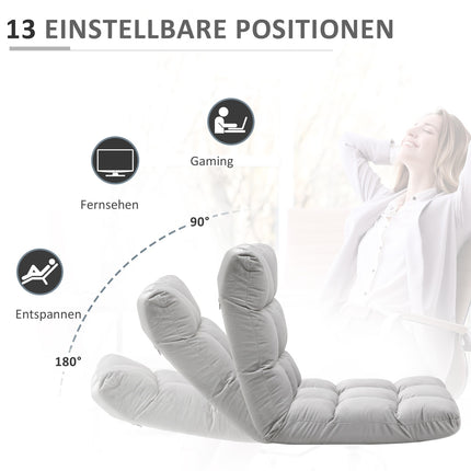 Grīdas krēsls 3 vienā, salokāms, regulējama atzveltne, 13 pozīcijas, saliekams atpūtas krēsls, pelēks metāls, putas, 55x71x53,5 cm