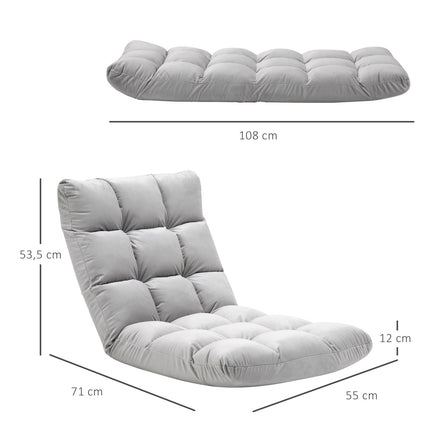 Grīdas krēsls 3 vienā, salokāms, regulējama atzveltne, 13 pozīcijas, saliekams atpūtas krēsls, pelēks metāls, putas, 55x71x53,5 cm