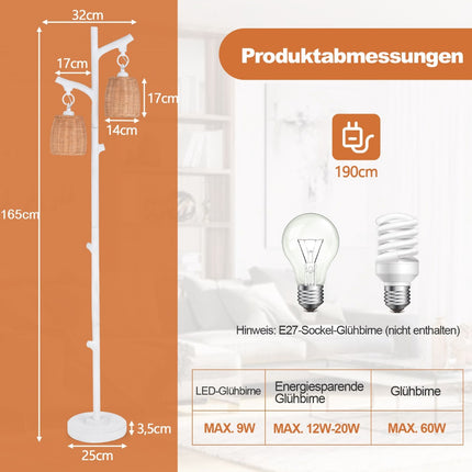 Grīdas lampa 165 cm, regulējama spilgtuma, 2 lampiņas, pīts abažūrs