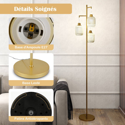 Stāvlampa 173 cm, 3 austi papīra abažūri, kājas slēdzis, zelta krāsā