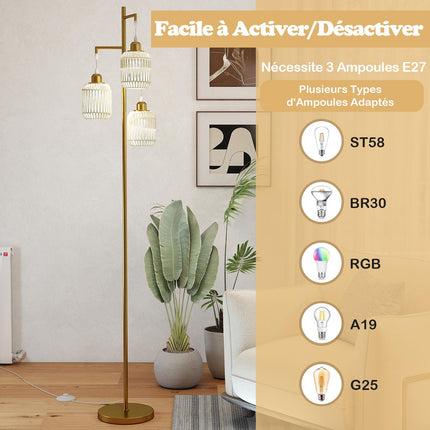 Stāvlampa 173 cm, 3 austi papīra abažūri, kājas slēdzis, zelta krāsā