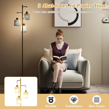 Stāvlampa 173 cm, 3 austi papīra abažūri, kājas slēdzis, zelta krāsā