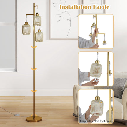 Stāvlampa 173 cm, 3 austi papīra abažūri, kājas slēdzis, zelta krāsā
