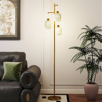 Stāvlampa 173 cm, 3 austi papīra abažūri, kājas slēdzis, zelta krāsā