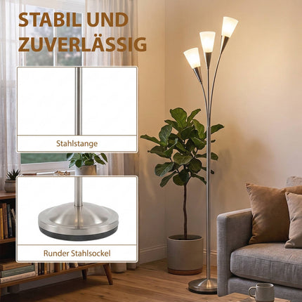 Floor Lamp with 3 Glass Shades, Foot Switch, 3 x E14, 40 W, Silver
