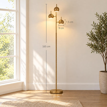 Floor Lamp with 3 Heads and 350° Adjustable Shades, Gold, Steel, Foot Switch