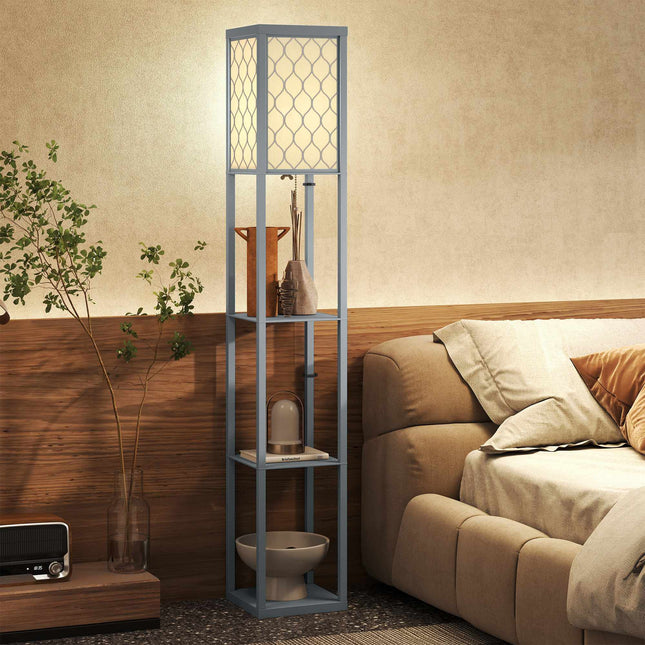 Grīdas lampa ar plauktu, 3 līmeņi, kompakta MDF, gaiši pelēka