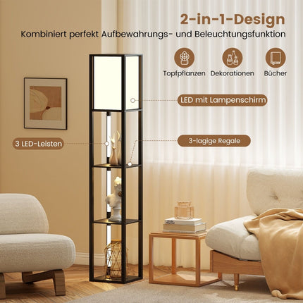 Grīdas lampa ar plauktiem un regulējamām LED sloksnēm