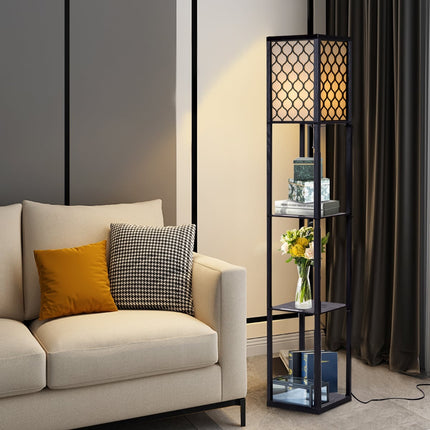 Grīdas lampa ar plauktiem, melns koks, krēmkrāsas abažūrs, 160 cm